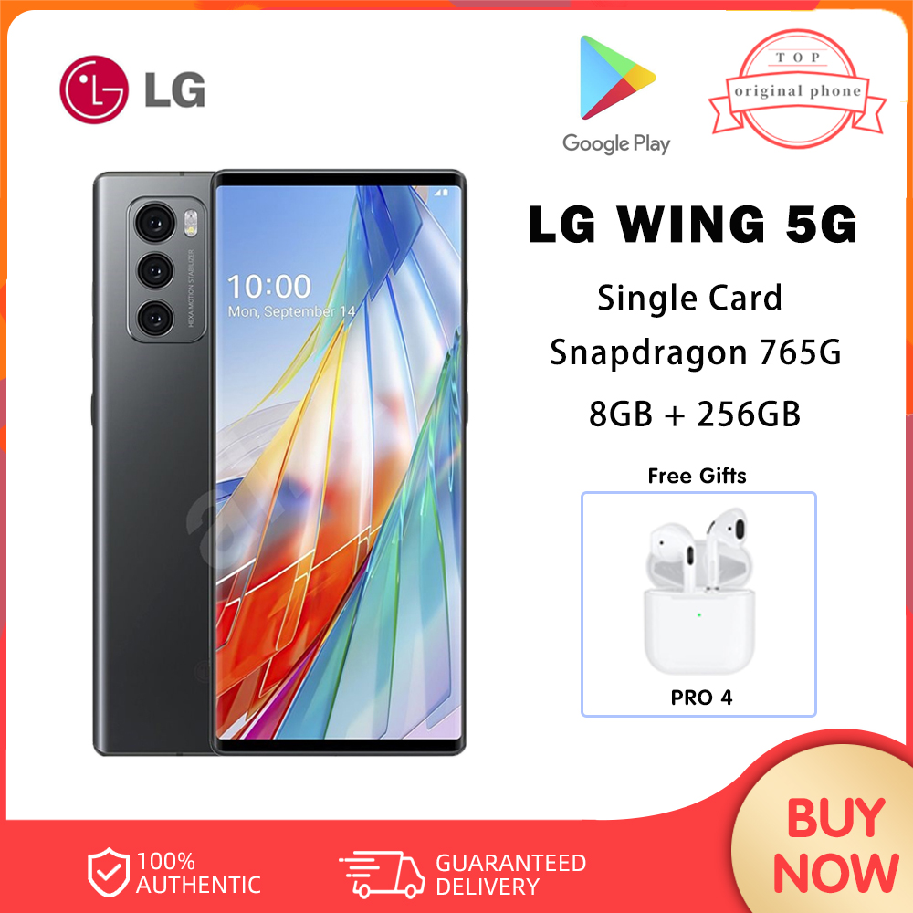 LG WING 5G โทรศัพท์มือถือปลดล็อคหน้าจอคู่แบบพลิกได้ 6.8 นิ้ว 8GB 256GB Snapdragon 765 Android สมาร์ทโฟน NFC