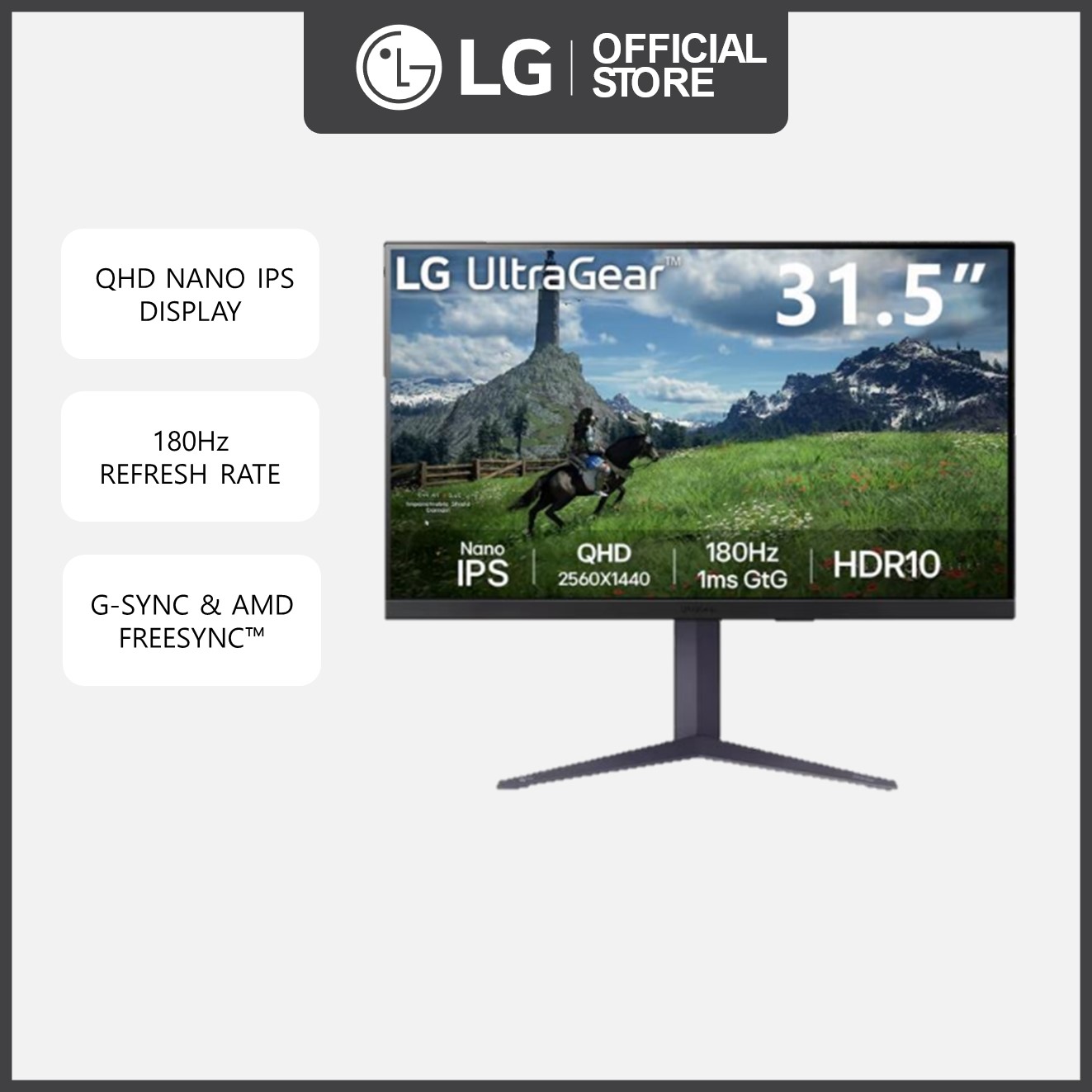 LG UltraGear 32" QHD Nano IPS Gaming Monitor | 180Hz Refresh | HDR10 | DCI-P3 98% | VESA Certified | AMD FreeSync™ · v2
