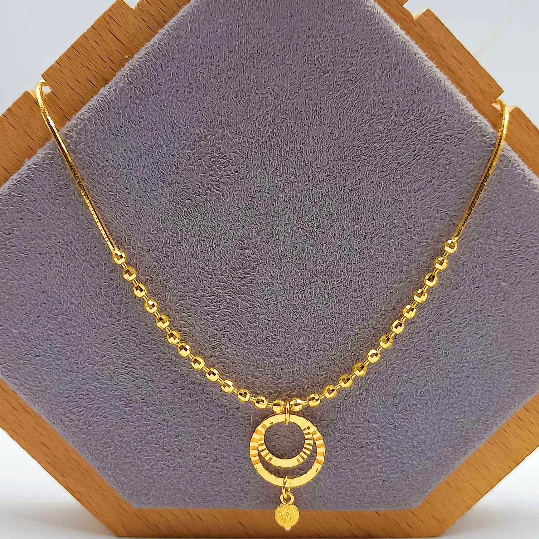 916 Gold Dangling Fancy Round with Ball Necklace